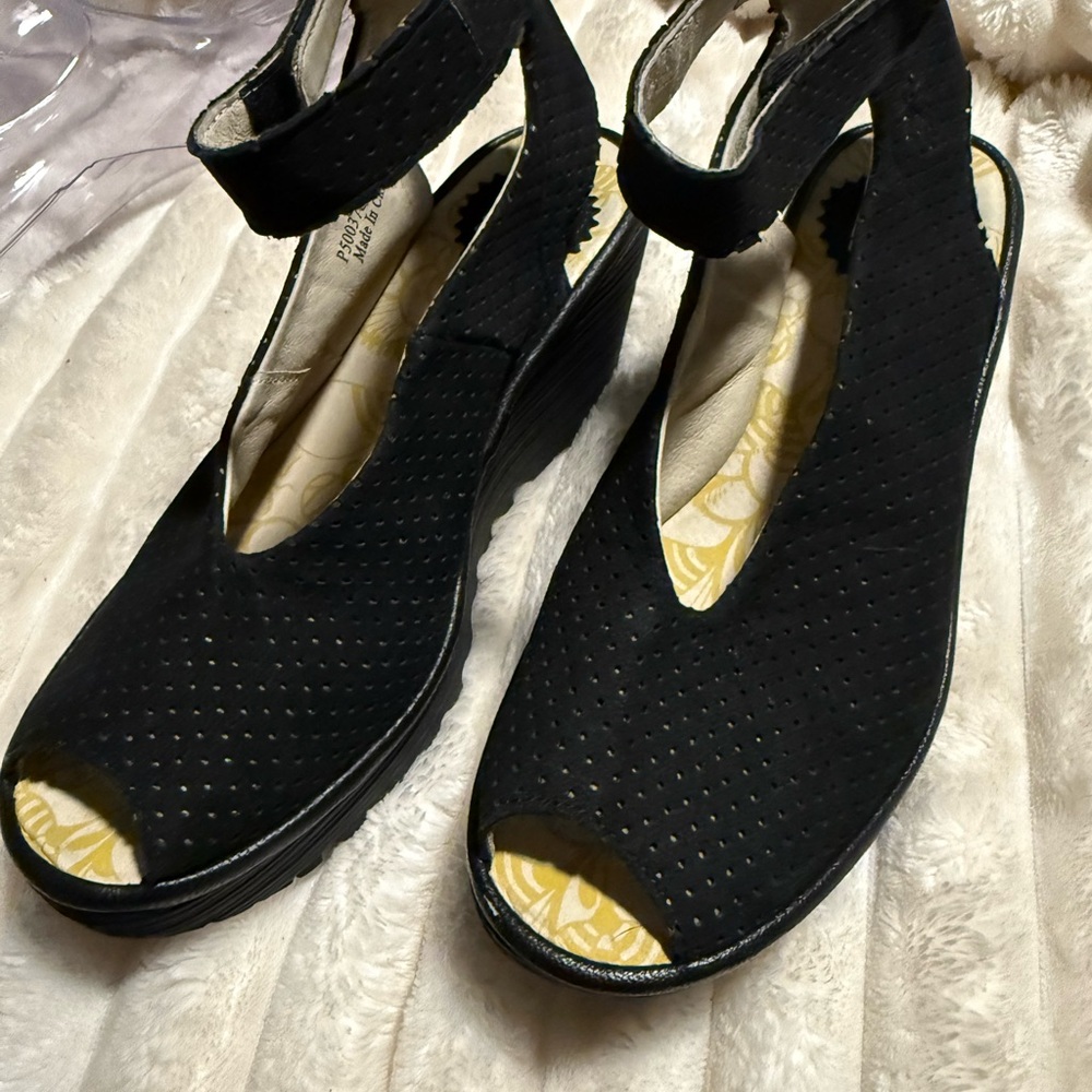 Fly London Black Wedge Sandals